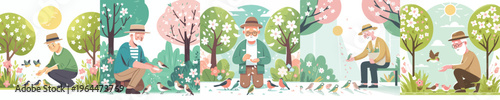 vector of a grandpa feeding wild birds during spring