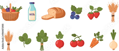 Fresh Farm Food Illustration Set Featuring Vegetables, Fruits, Bread, Milk Bottle, and Wheat Bundles for Organic Agriculture and Healthy Nutrition Design