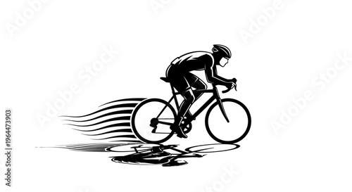 Silhouette of a professional male cyclist racing on a bicycle with speed lines on an isolated white background