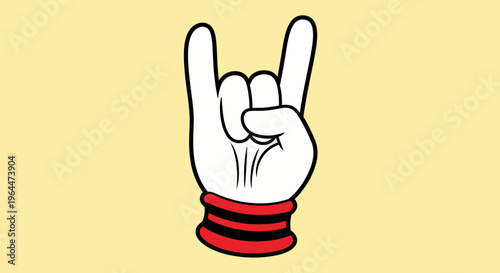 Hand making a rock and roll gesture with red wristbands on a light yellow background