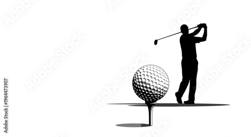 Silhouette of a male golfer swinging a golf club to hit a golf ball on an isolated white background