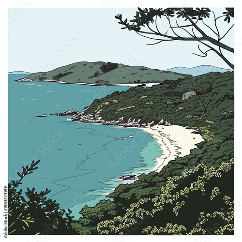 Scenic coastline with beach and trees landscape nature