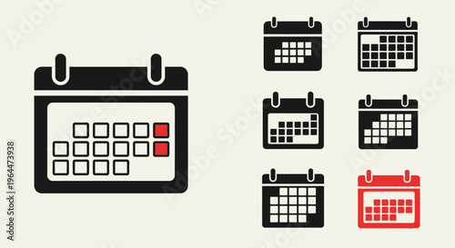 Set of black and red calendar icons showing various date formats and scheduling options on a light beige background.