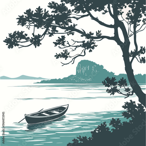 Serene boat on calm waters under tree landscape nature