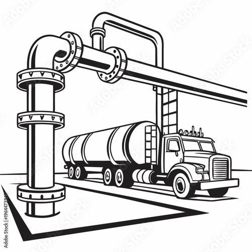 Black and white tanker truck pipes industrial transportation