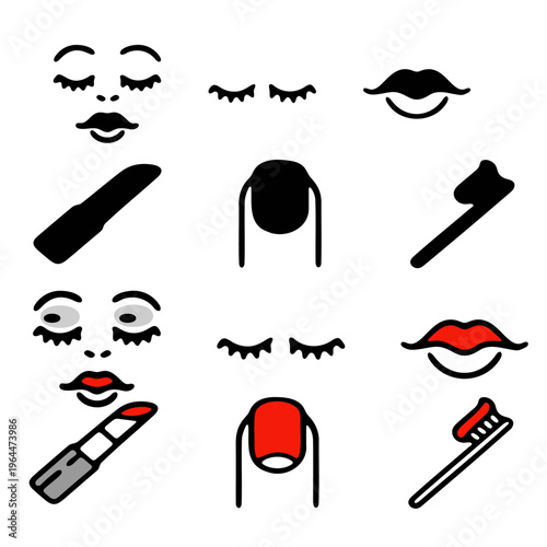 Set of simple outline icons representing makeup and personal care items like lips, eyelashes, nail polish, lipstick, toothbrush, and nail file isolated on a white background