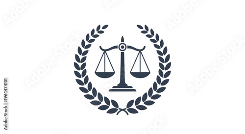 Sophisticated Dark Blue Scales of Justice and Laurel Wreath Emblem on Isolated White Background