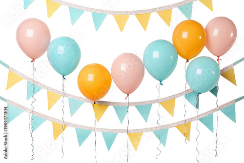 Festive party banner with colorful balloons and pennants isolated, decoration for birthday celebration in nice PNG format