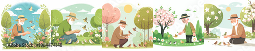 vector of a grandpa feeding wild birds during spring
