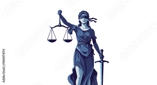 Majestic Lady Justice with Scales and Sword, Blindfolded, on Isolated White Background
