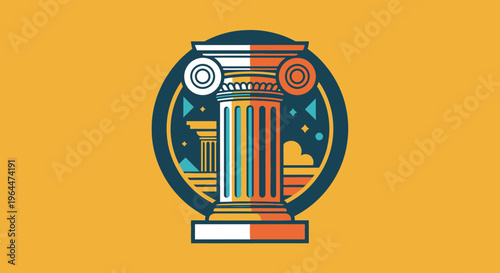 Abstract Geometric Design with Classic Column on Orange Background