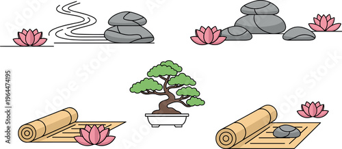 Zen spa and meditation elements collection with stones lotus bonsai incense relaxing wellness vector illustration set