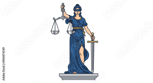 Lady Justice in blue robe, blindfolded, holding golden scales and a sword, standing on a pedestal on an isolated white background.
