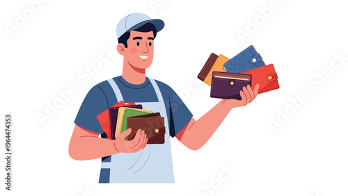 Vendor with wallets: A cheerful vendor showcases a variety of wallets, highlighting their features and colors, enticing potential customers with the promise of style and function.