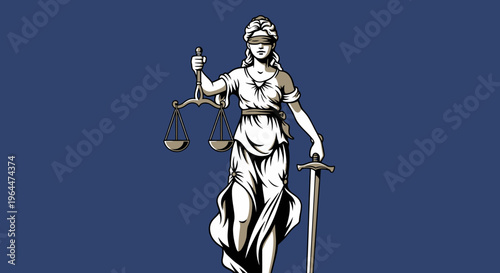 Majestic Lady Justice in a blue robe, blindfolded, holding golden scales and a sword, standing on a pedestal against a dark blue background.