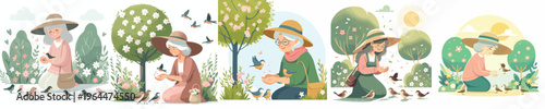 vector of a grandma feeding wild birds during spring