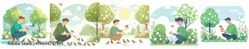 vector of a man feeding wild birds during spring