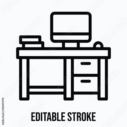 Computer Desk Icon, Lineal style vector icon, Editable stroke. 