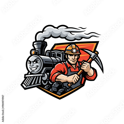 Coal Miner and Train Mascot Logo Design Illustration.