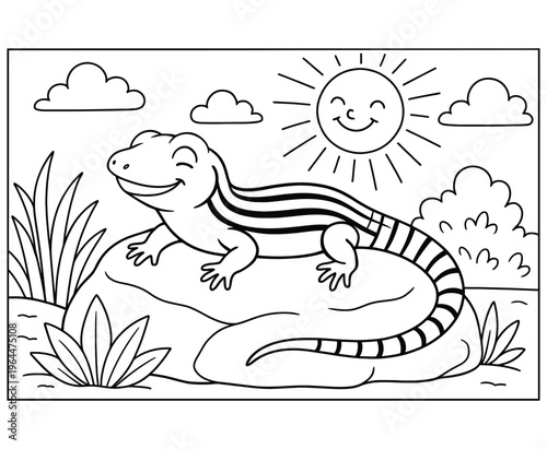 Happy cartoon lizard sunbathing on rock with plants and clouds in background.