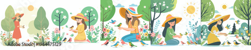 vector of a woman feeding wild birds during spring