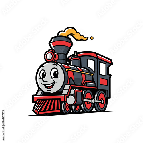 Happy Cartoon Steam Train Engine with Smiling Face Illustration.