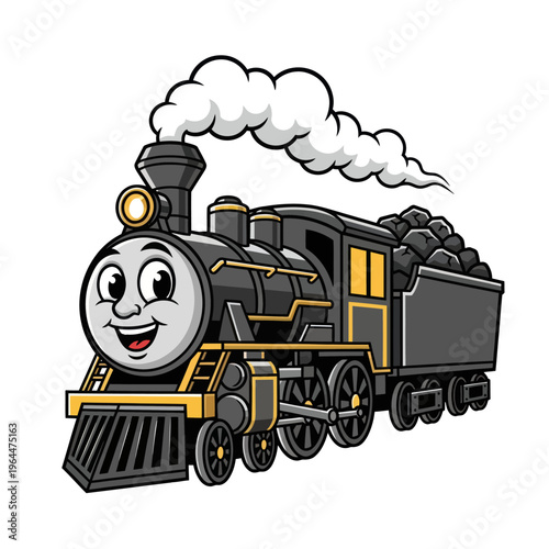 Happy Cartoon Steam Train with Coal Car and Smiling Face.