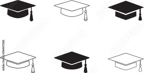 Graduation cap icon set in line and glyph styles. Academic hat outline and filled symbols.