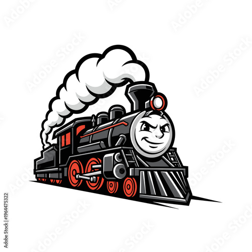 Mascot Cartoon Steam Train with Expressive Face and Smoke.