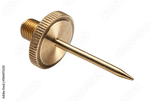 Gold thumbtack isolated PNG on transparent background, shiny push pin with sharp point for office supplies and nice bulletin boards