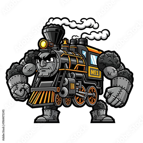 Mighty Steam Locomotive Cartoon Character with Muscular Arms and Legs.