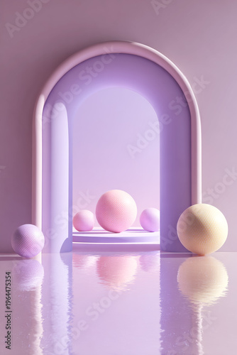 A minimalist pastel-colored room with a large archway and several spheres on the floor