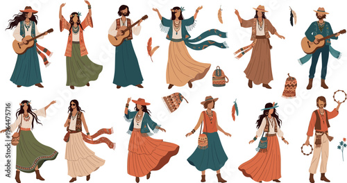 Bohemian Style People Illustration Set Featuring Dancing Women, Musicians, Flowing Dresses, and Hippie Fashion Characters in Vintage Boho Festival Aesthetic Design