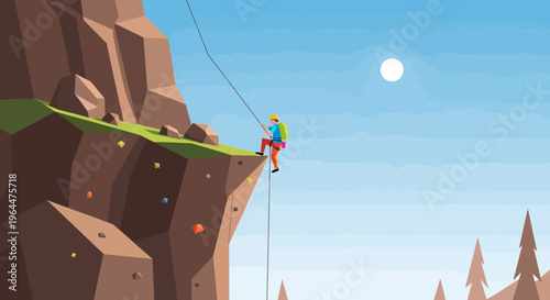 Rock climber on cliff edge with rope and backpack