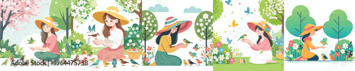 vector of a woman feeding wild birds during spring