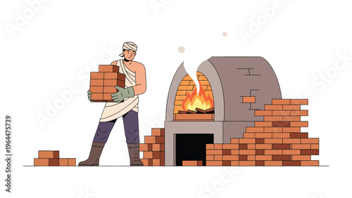 Artisan's Craft: A skilled craftsman meticulously constructs a brick oven, showcasing the art of bricklaying. The illustration captures the essence of labor, dedication.