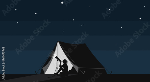 Camping under starry night sky with tent