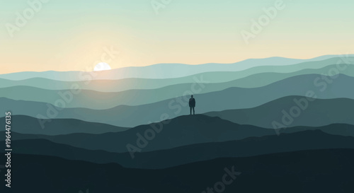 Lonely figure on hilltop at sunset