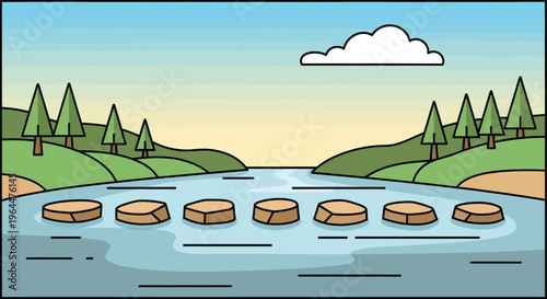 Cartoon river landscape with stepping stones