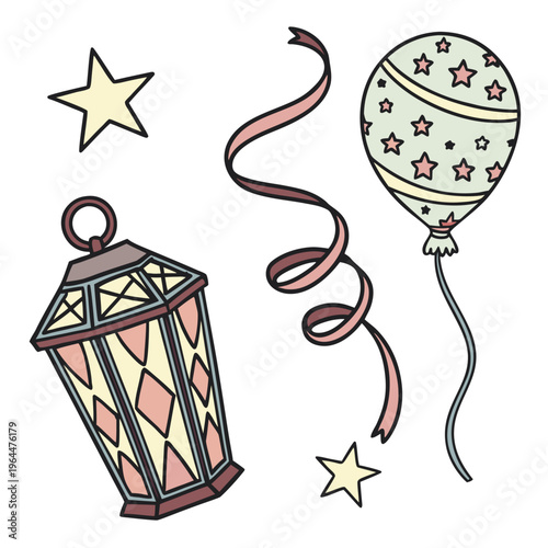 Party elements illustration: lantern, balloon, streamers, stars, white backgroun