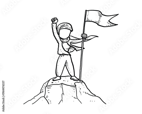 Asian muslim woman hold flag on top of mountain. Success achieving goal. Cartoon vector illustration design