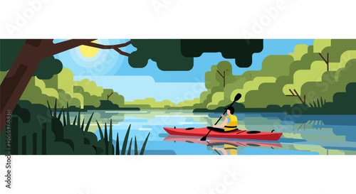 Kayaking on serene river with lush greenery