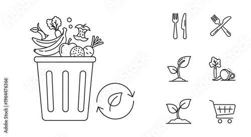 Food Waste Recycling and Composting Icons with Trash Bin Line Art