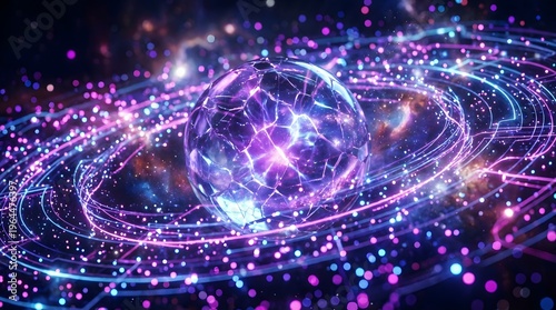 A radiant faceted crystal sphere pulsates with energy set against a swirling cosmic backdrop of luminous particles and orbits