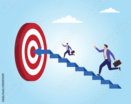 Vector illustration of a businessman running up a stairway toward a target, following clear directions, symbolizing focused effort, goal setting, and the path to success