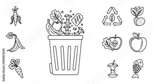 Organic Waste and Composting Line Art Icon Set