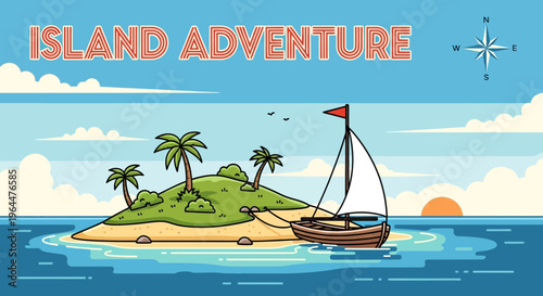 Island adventure cartoon illustration with sailboat