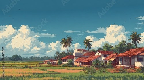 Idyllic Countryside Scene with Traditional Houses and Lush Rice Fields Under a Clear Blue Sky