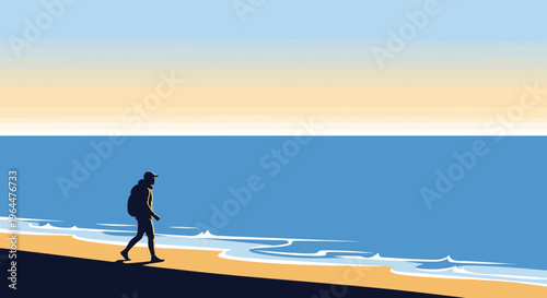 Man walking on beach at sunset with backpack