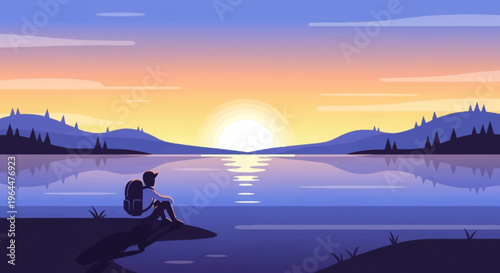 Serene lake scene with person sitting on shore at sunset